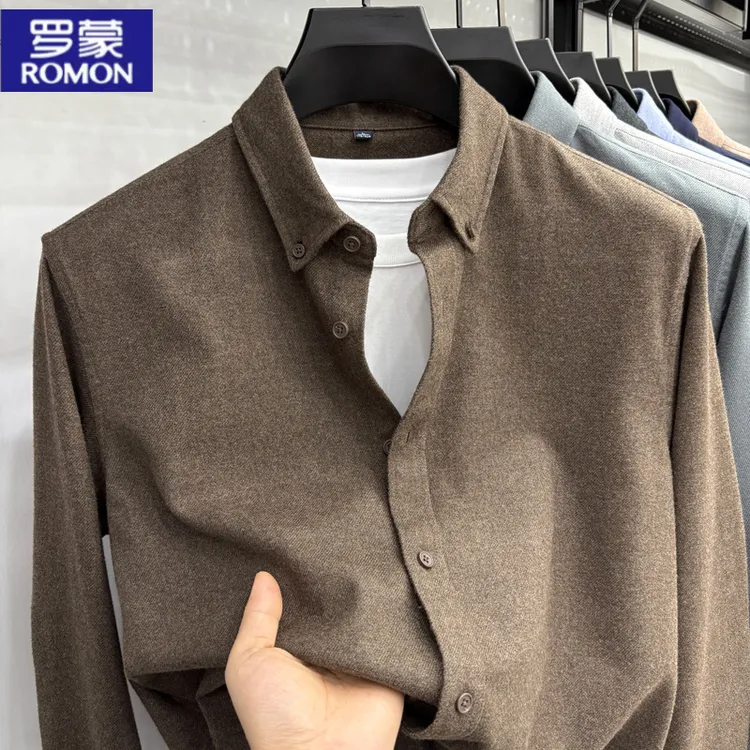 罗蒙春秋季男士长袖纯色衬衫时尚休闲柔软顺滑莫代尔男装翻领衬衣