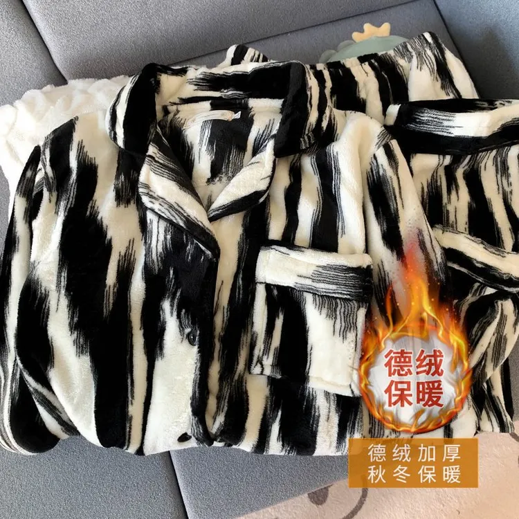 国风泼墨条纹情侣睡衣女秋冬季高级感加厚加绒家居服两件套可外穿