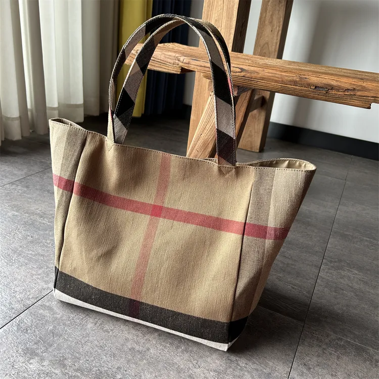 小羽家原创黄麻格子布袋子大托特tote大容量通勤环保旅行女包