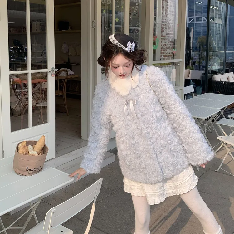 “冰雪奇缘” 冰川蓝毛绒绒加厚带围脖外套小火山努努同款环保毛毛