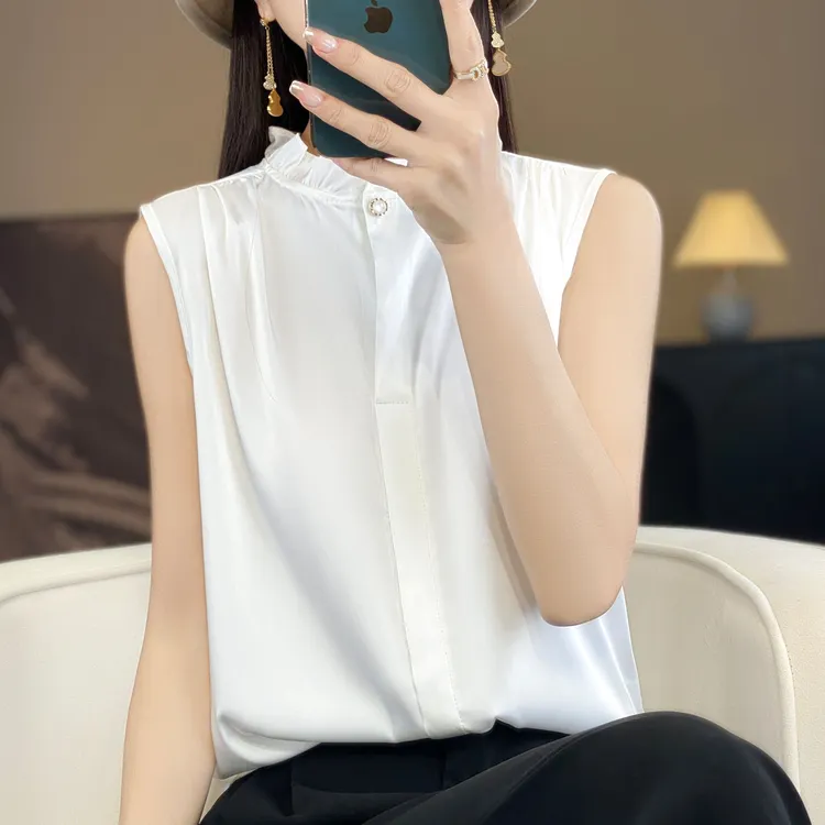 时尚气质木耳花边无袖T恤桑蚕丝百搭外穿夏季女背心打底洋气显瘦