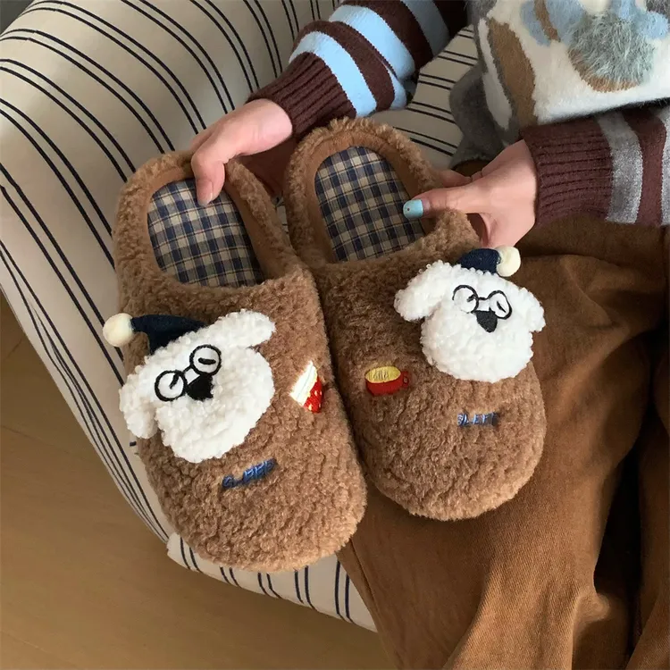 细细条 趣味小狗防滑毛毛拖鞋冬季男女可爱棉拖鞋保暖月子地板鞋