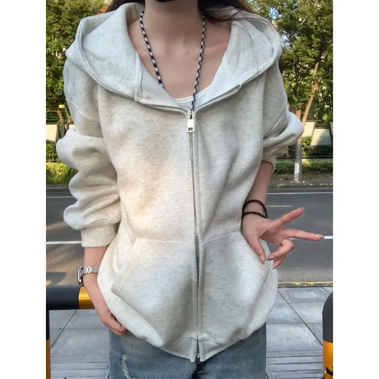 白花灰双拉链开衫卫衣男女秋季少年感慵懒风连帽衫美式短款外套潮