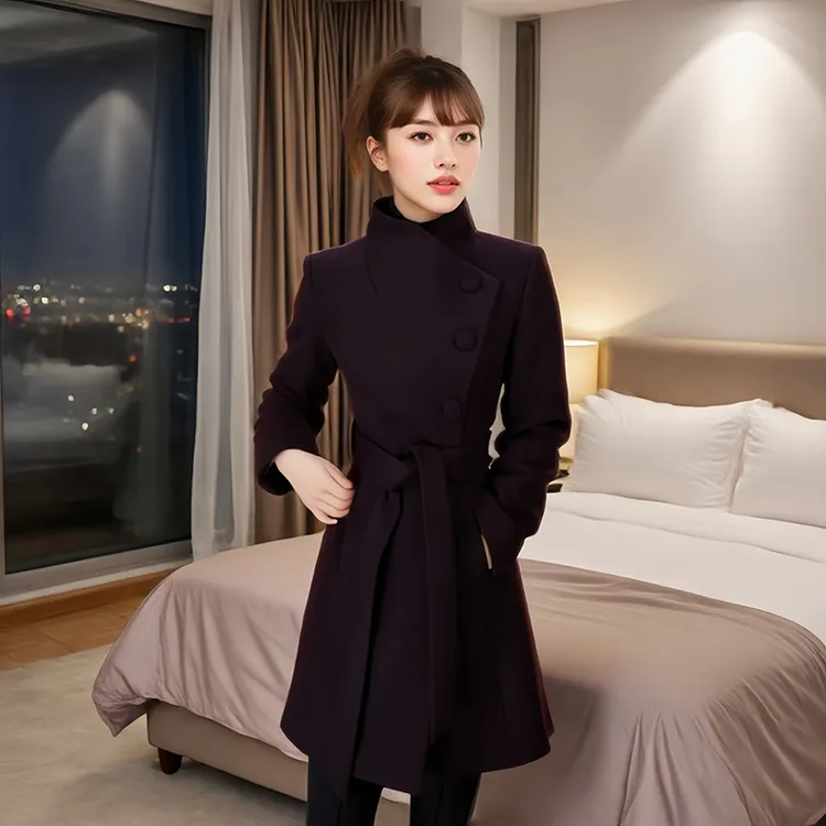 加厚毛呢外套收腰中长款气质毛呢大衣冬季秋冬长袖女装加棉显瘦