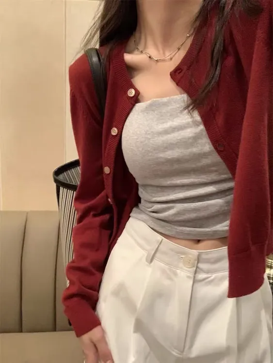 红色针织开衫早初秋女装新款2025外搭短款毛衣外套长袖上衣打底衫