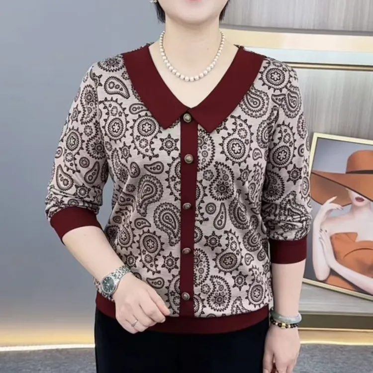 秋季新款时尚娃娃领洋气妈妈装宽松显瘦减龄休闲长袖上衣H9967