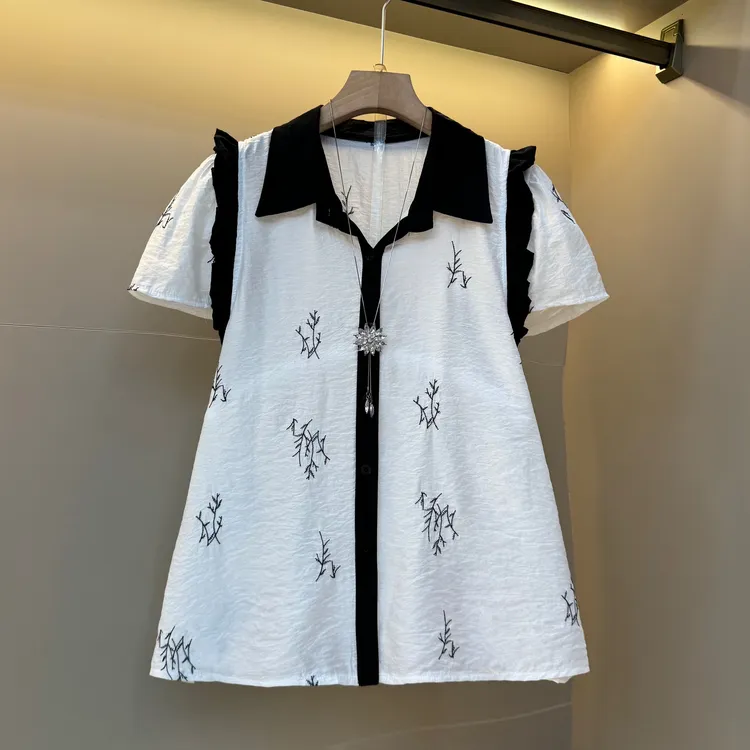 2025韩系法式翻领刺绣印花撞色拼接木耳边减龄胖mm衬衫851