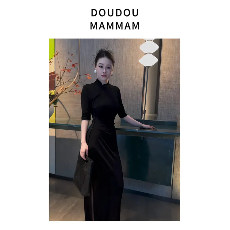 中袖国风新中式冷淡赫本风连衣裙开叉立领显瘦连衣裙