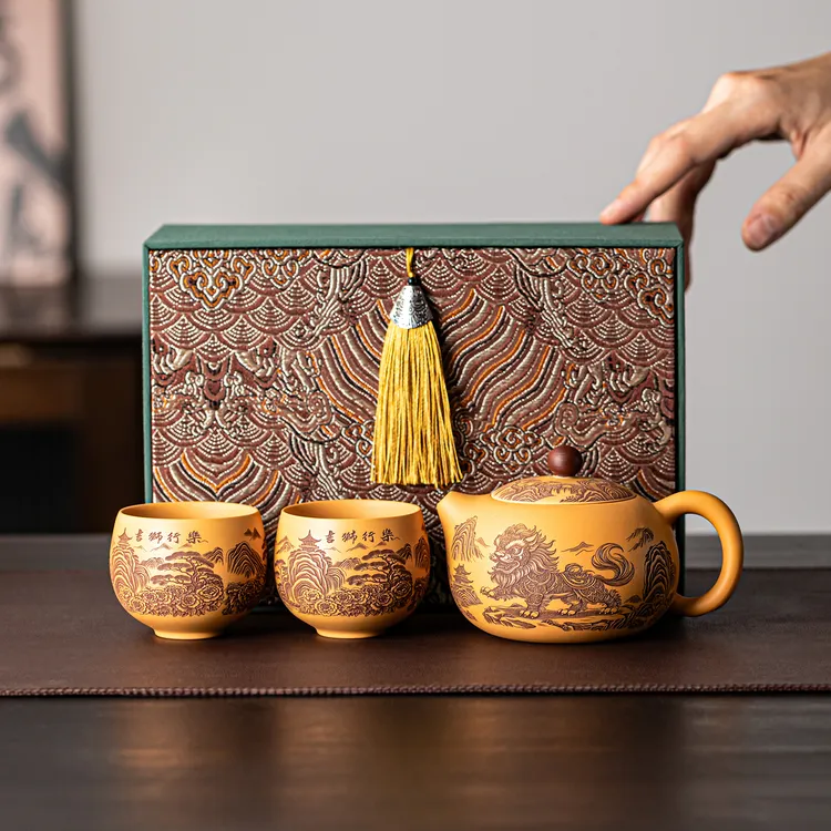 黄金段泥紫砂西施壶一壶两杯功夫茶具礼盒装家用泡茶待客茶具套装