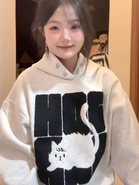 伶落旧人重磅韩系慵懒风oversize连帽卫衣女2025新款小猫情侣外套