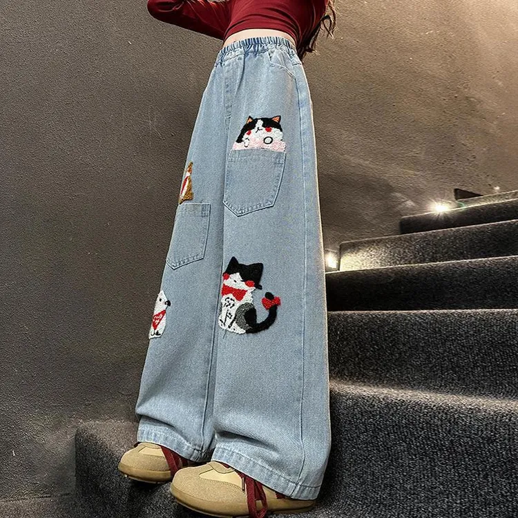 女童牛仔裤2025新款春秋季儿童裤子女孩阔腿裤小学生卡通休闲大童