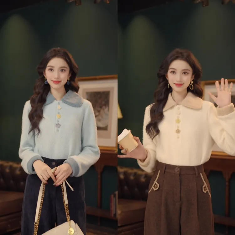 琦琦【蓝色波纹】港风复古秋冬厚款长袖宽松百搭上衣 YE0708439