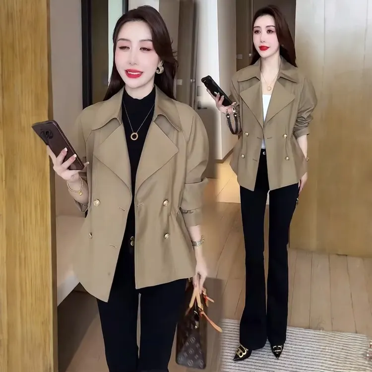 风衣短外套女2025秋季新款时髦洋气抽绳收腰小个子短款双排扣上衣