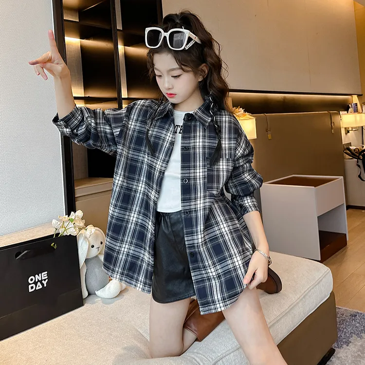 女童衬衫长袖秋季2025新款儿童上衣女孩大童早秋薄款格子衬衣外套