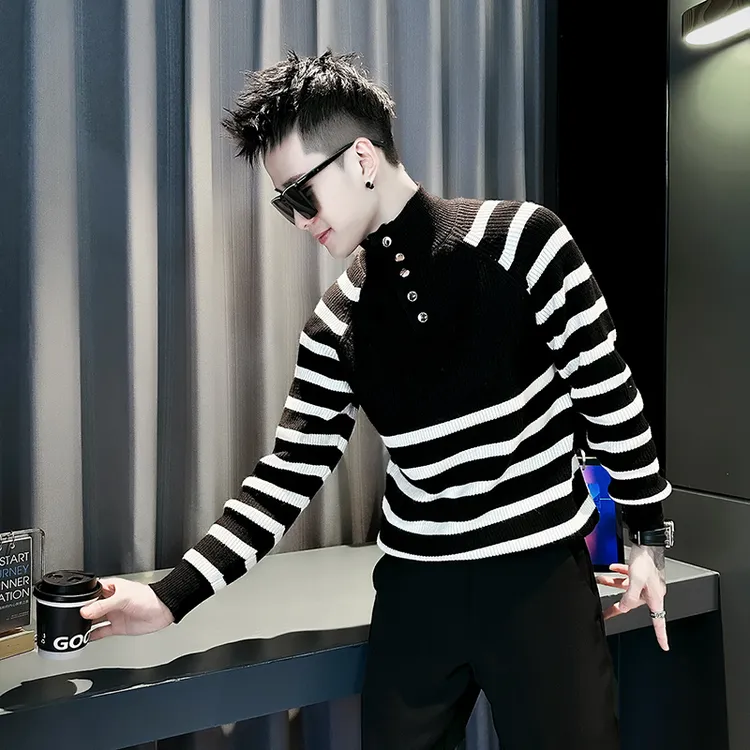 半高领排扣条纹毛衣男款秋冬季2025新款高级感潮牌痞帅针织打底衫