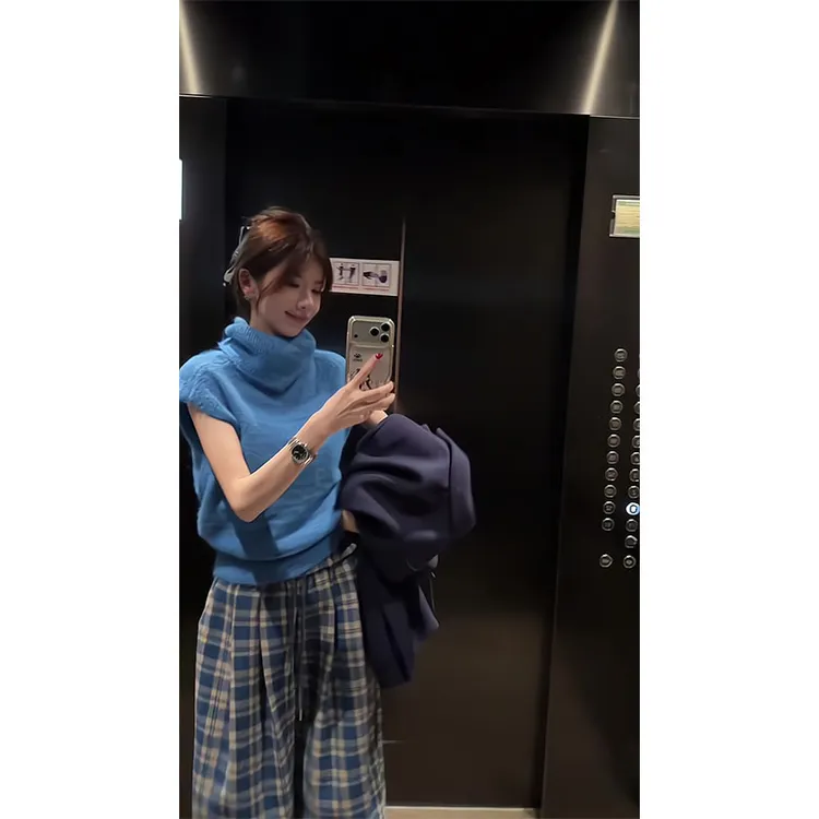 巨好看的两件套秋冬韩系慵懒软糯蓝色针织毛衣高腰格纹休闲阔腿裤