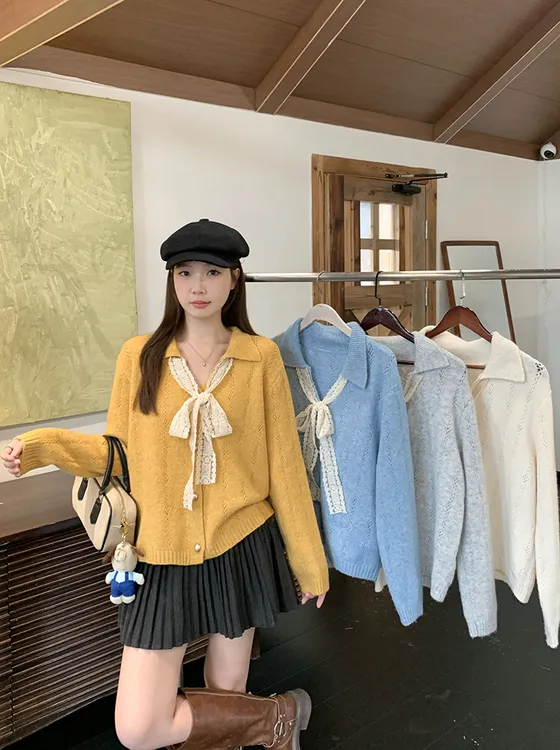 2025秋装新款胖mm大码女温柔风v领系带蝴蝶结针织上衣36201