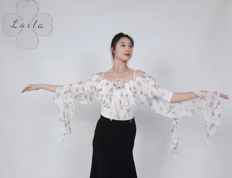 Laila摩登舞服新款《夏花梦令》白杏色夏季雪纺摩登拉丁练习服