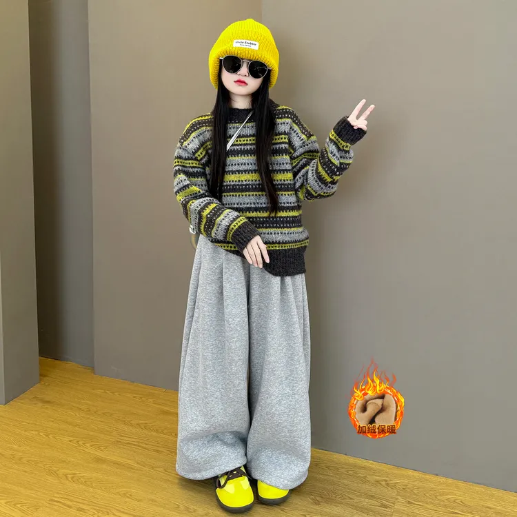 女童韩系超好看秋冬毛衣套装2025新款针织衫加绒阔腿休闲裤套装潮