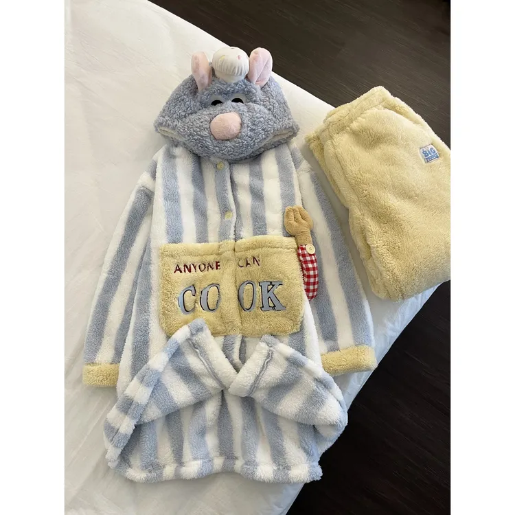 卡通条纹珊瑚绒可爱睡衣女款冬季新款加绒加厚家居服可外穿套装款