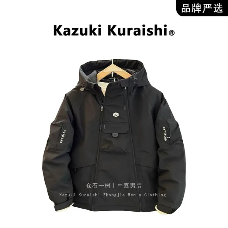 仓石一树秋冬双拉链连帽冲锋衣男士工装短款外套时尚帅气百搭棉衣
