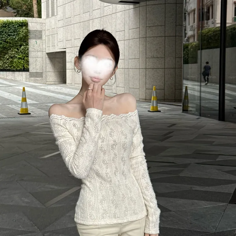 纯欲风一字领白色修身显瘦蕾丝上衣女秋冬新款内搭显瘦打底衫8184