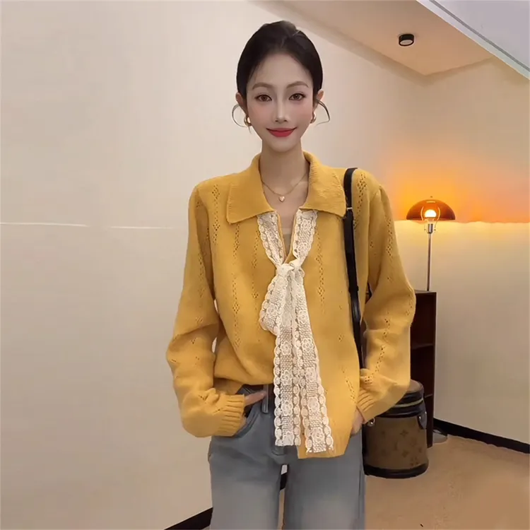 大码胖mm蕾丝系带蝴蝶结V领针织开衫女秋季韩系宽松显瘦遮肚上衣