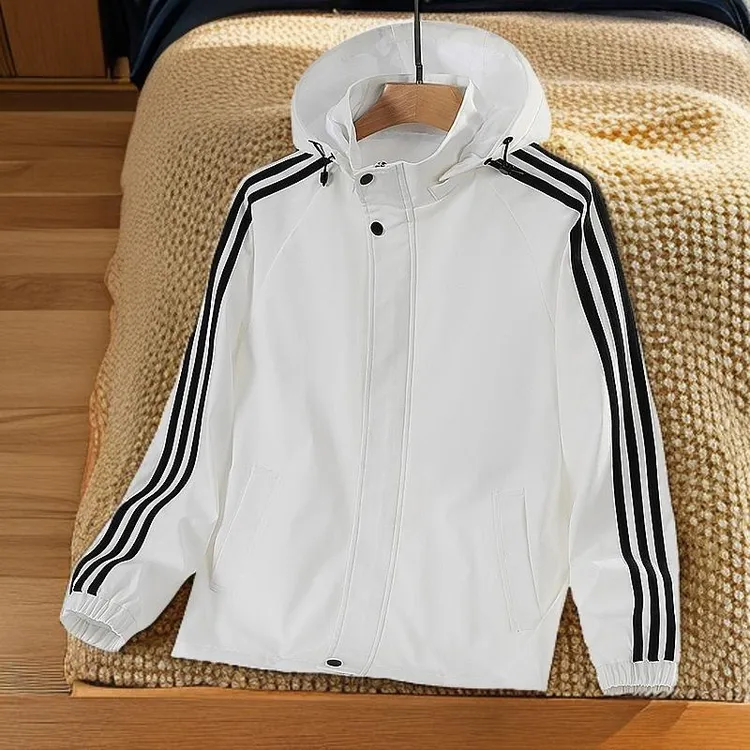 2025年男女三条杠运动夹克可拆卸帽防风外套情侣春秋季百搭男士户