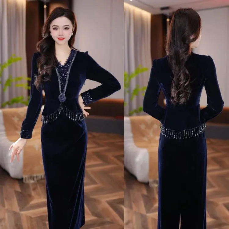 【连衣裙】卡丹绒秋冬季新款收腰显瘦洋气减龄女人味打底连衣裙