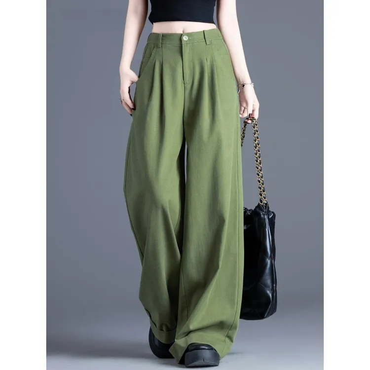 棉裤子女绿色翻边直筒休闲裤2025新款高腰阔腿裤垂感夏季薄款