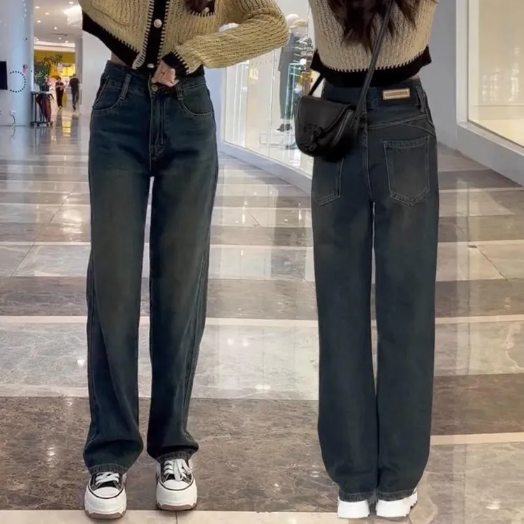 大码女装复古百搭直筒牛仔裤女2025秋季新款弹力显瘦窄版阔腿裤子