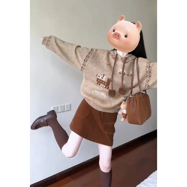 2025早秋新款女韩系穿搭宽松连帽长袖针织上衣高腰显瘦A字半身裙