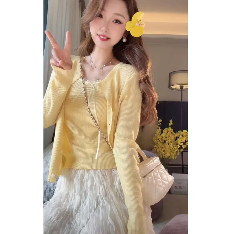 秋季慵懒风~少女氛围感上衣纯欲风蕾丝蝴蝶结拼接针织开衫套装