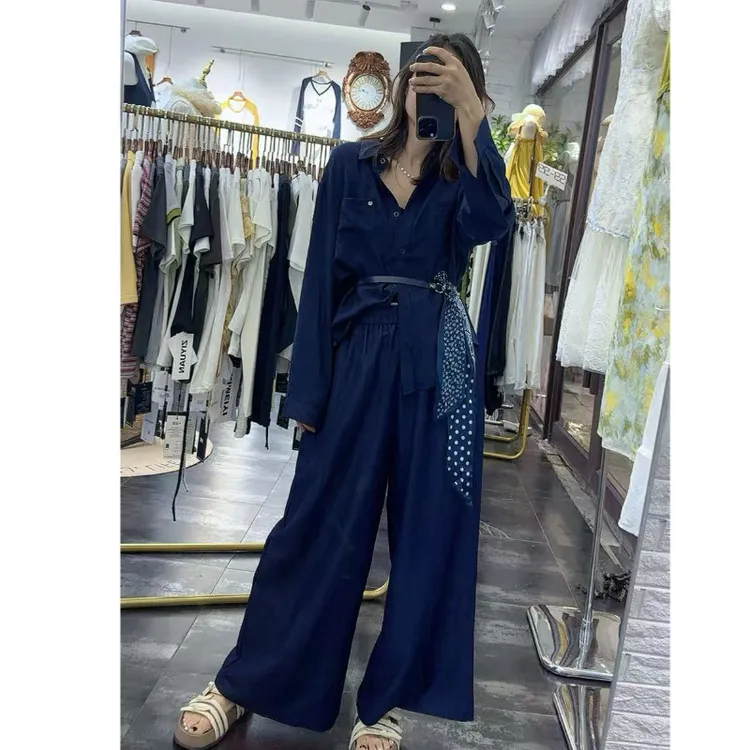 早秋新款慵懒风长袖衬衫衬衣气质阔腿裤两件套套装女飘带设计高级