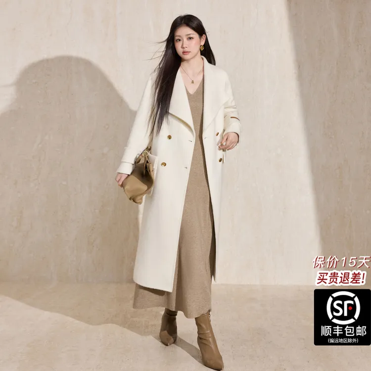 蓝语大码女装标准V领双排扣长款大码毛呢外套直下摆常规白色系