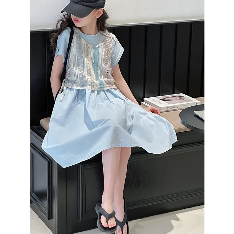 K28779小清新女童连衣裙套装2025新款夏装儿童短袖裙子时尚两件套