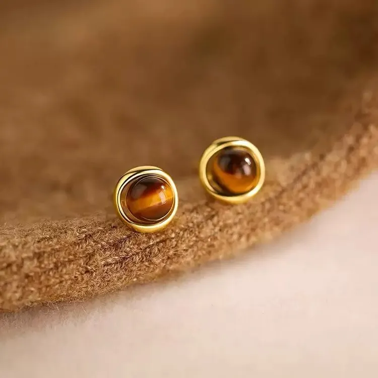 合金耳饰 秋冬美拉德系虎眼石耳钉女复古奢华气质耳饰精致