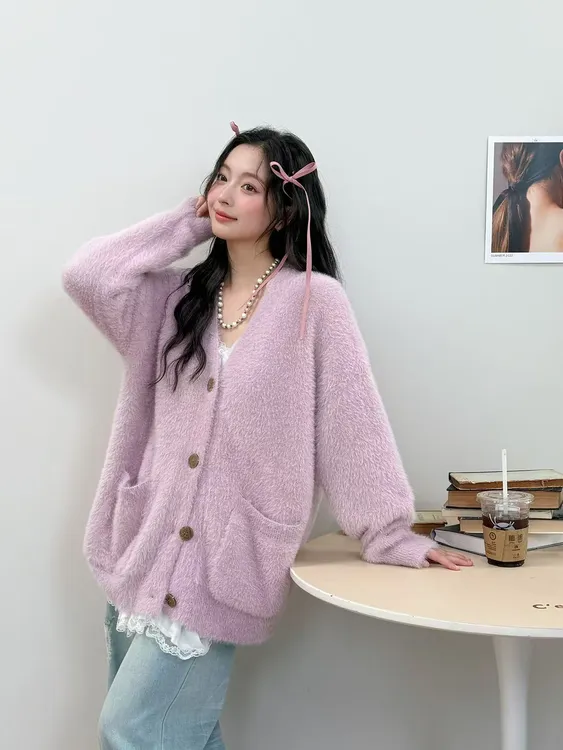 秋冬新款仿水貂绒复古针织开衫女慵懒风宽松毛衣外套韩版加厚上衣