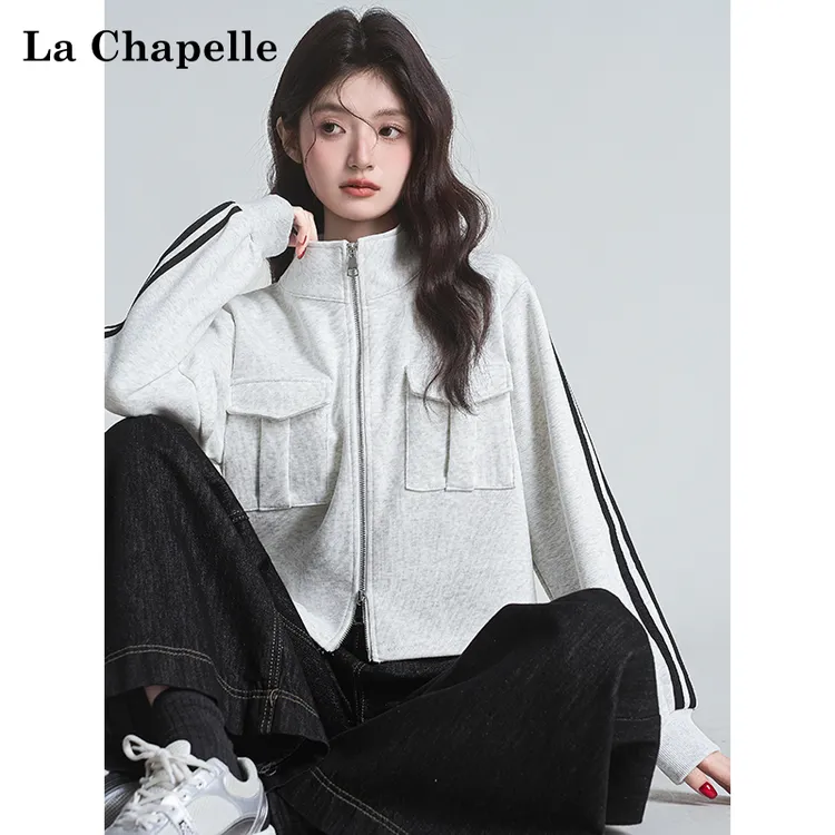 拉夏贝尔美式复古立领卫衣外套2025春秋新款小个子短款夹克上衣