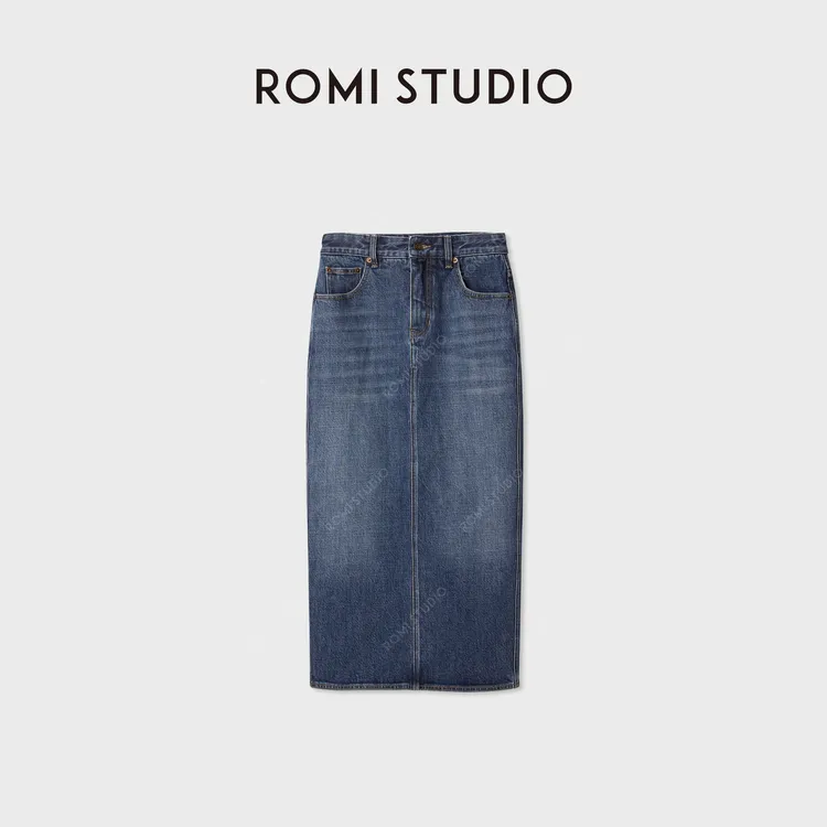 ROMI STUDIO“法式浪漫”酵洗棉质高腰后开衩牛仔八分裙RWCAXA4594