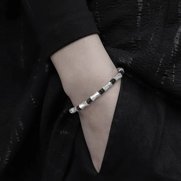 足银陶瓷手链 S999足银竹节手链男士复古高升上岸送男友纯银手绳