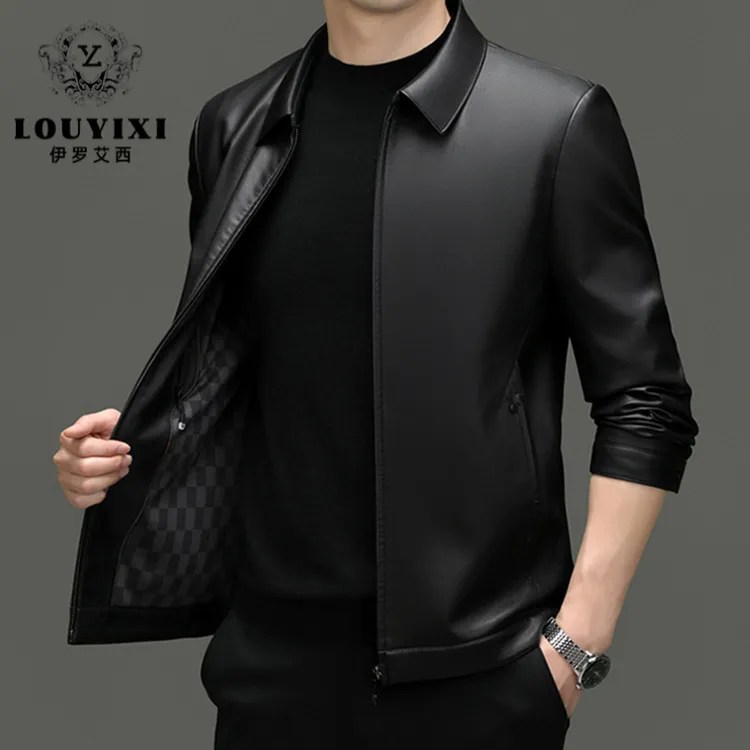 YOUYIXI真皮皮衣男秋冬季翻领修身中年宽松夹克立领皮外套男