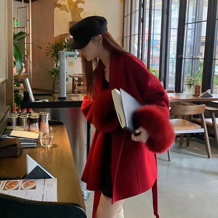 红色双面呢子大衣女短款2025冬季新款新娘结婚本命年气质毛呢外套