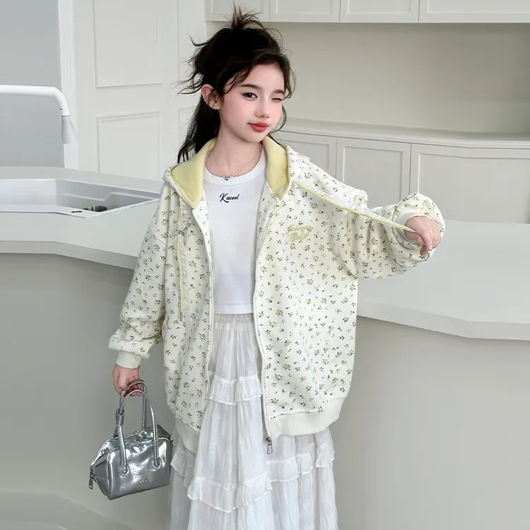 女童2025新款春秋薄款连帽衫卫衣韩版百搭宽松碎花上衣外套学院风