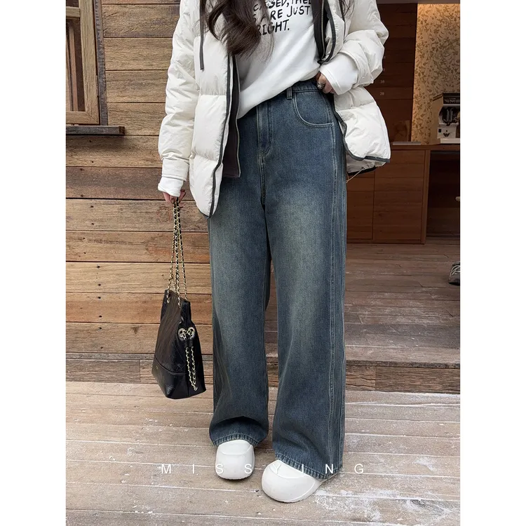 应小姐【牛津仔仔】微胖大码冬季休闲显瘦加绒宽松纯棉直筒牛仔裤