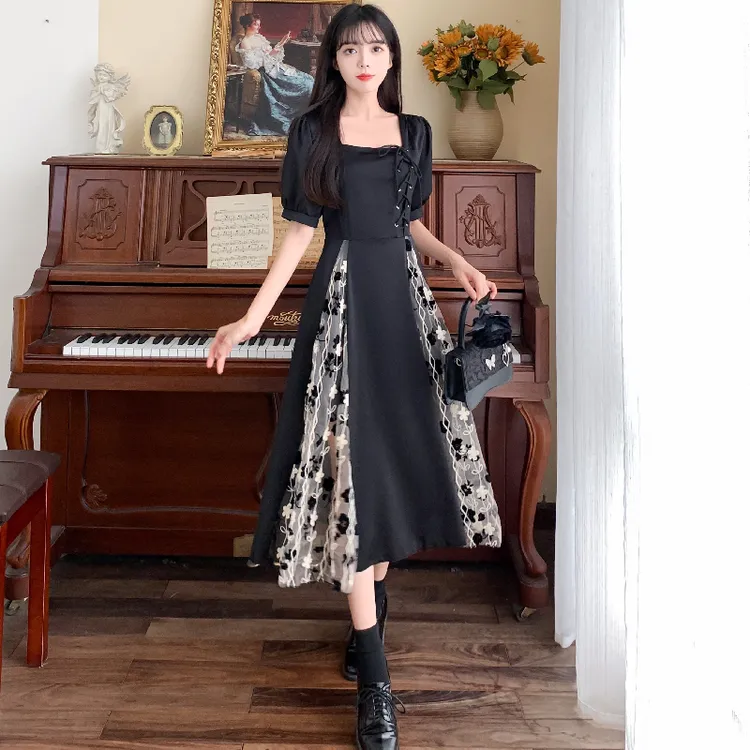 【9008】拼接夏季法式纱网斜襟短袖短裙方领大码连衣裙通勤风