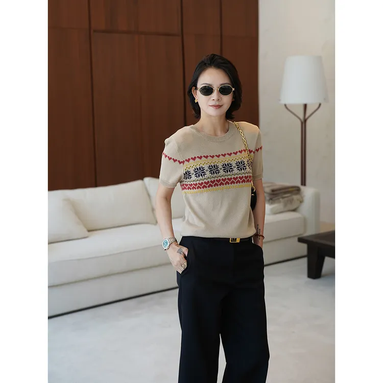 SHIIEELL现货 轻复古费尔岛提花凉感显瘦圆领时尚短袖针织衫Z5619