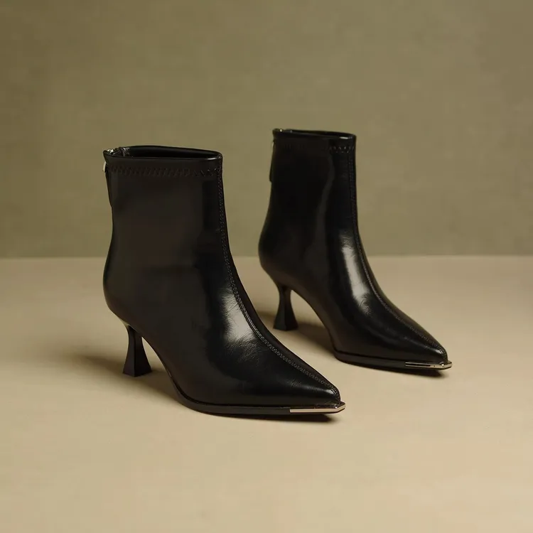 【5厘米】软皮短靴女新款金属尖头细跟时尚后拉链百搭高跟鞋冬