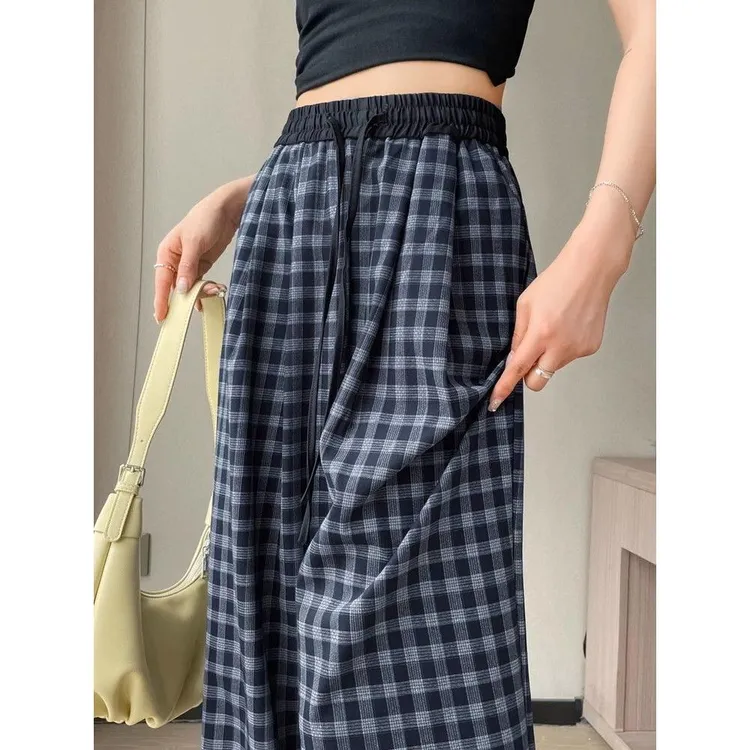 复古格子阔腿裤女夏季薄款高个子高腰显瘦宽松休闲直筒垂感拖地裤