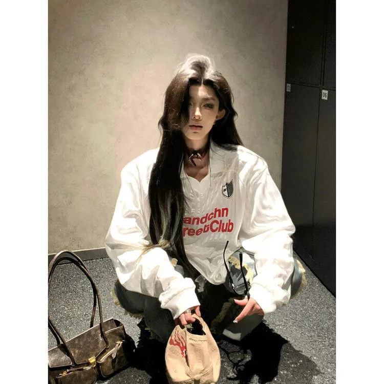 夏季冰丝凉感橄榄球服美式复古条纹字母印花长袖防晒V领速干t恤男